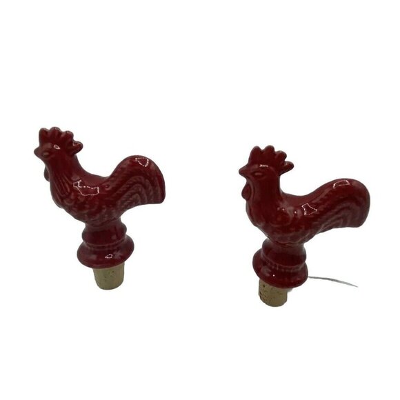 Rooster Wine Bottle Stopper Cork Lot Of 2 Red Ceramic Farmhouse Chicken India - Picture 3 of 11